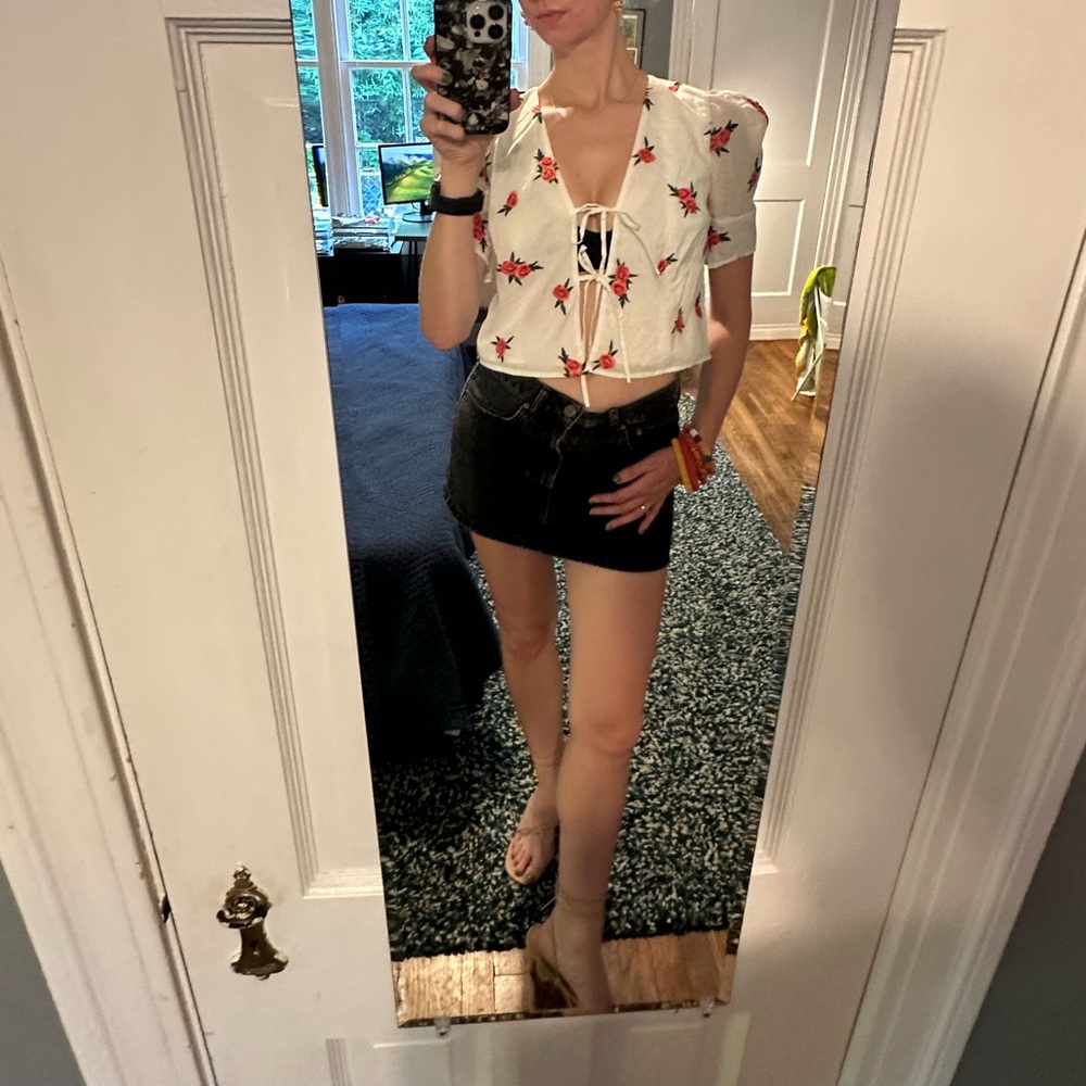 Lover + Friends rose embroidered tie crop top